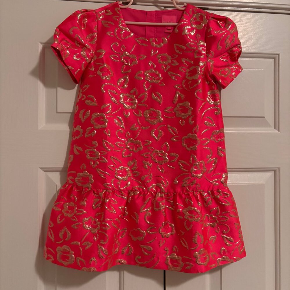 Lilly Pulitzer Girls Erina Dress - Size 8 - Bright Pink / Gold